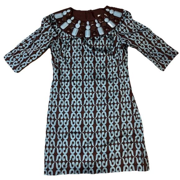 Milly of New York Silk Beaded Collar Shift Mod Dress Size 2 Turquoise Brown - Picture 1 of 6